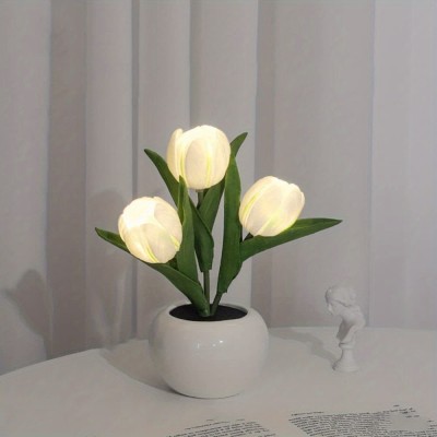 1pc USB Tulip Lamp Lights, LED Simulation Tulip Night Light With Vase, Table Lamp Ornaments For Home Living Room Desktop Decor, Best Mother's Day Gift