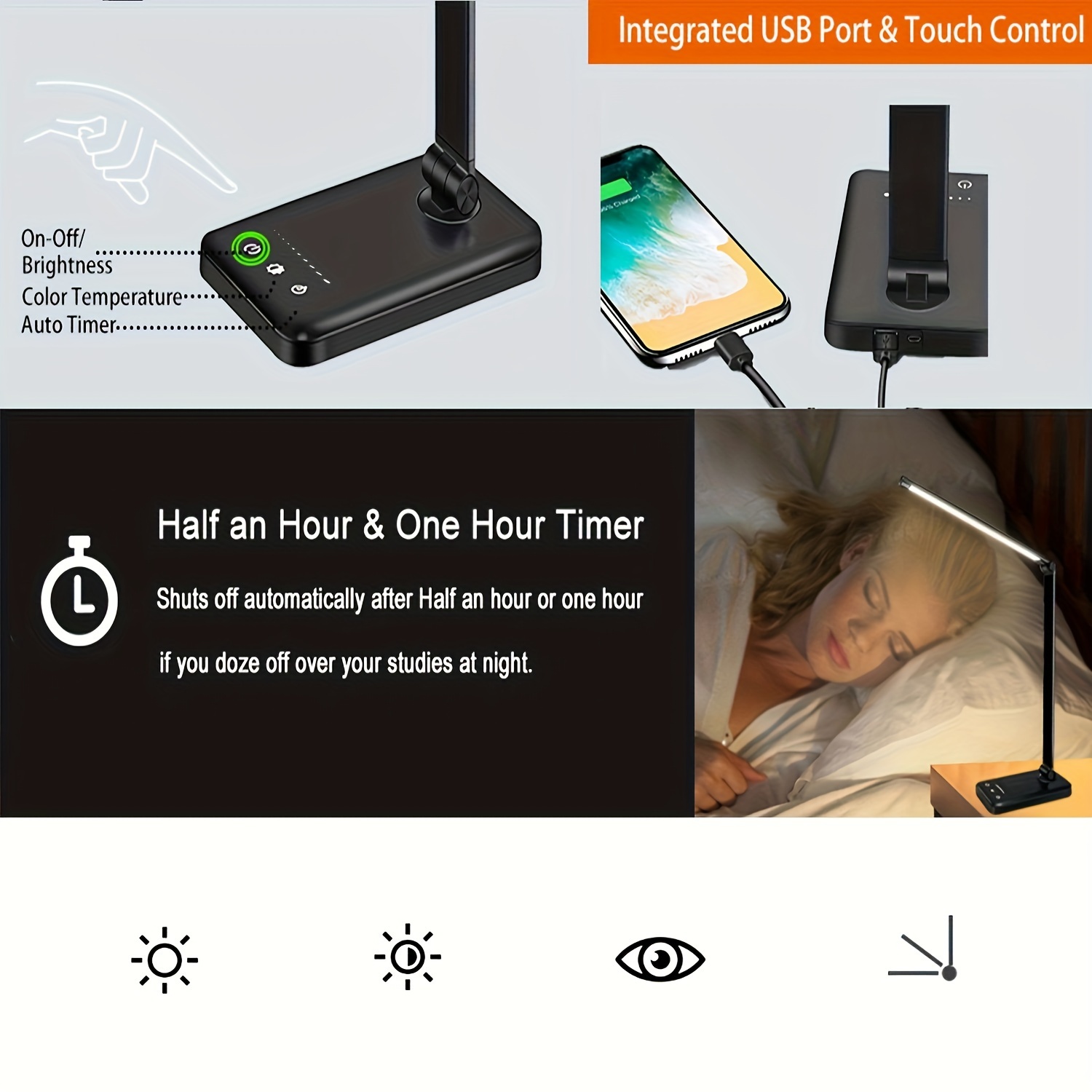 led desk lamp table lamp reading lamp with usb charging port 5 lighting modes 5 brightness levels sensitive 60 min auto timer eye caring office lamp details 5