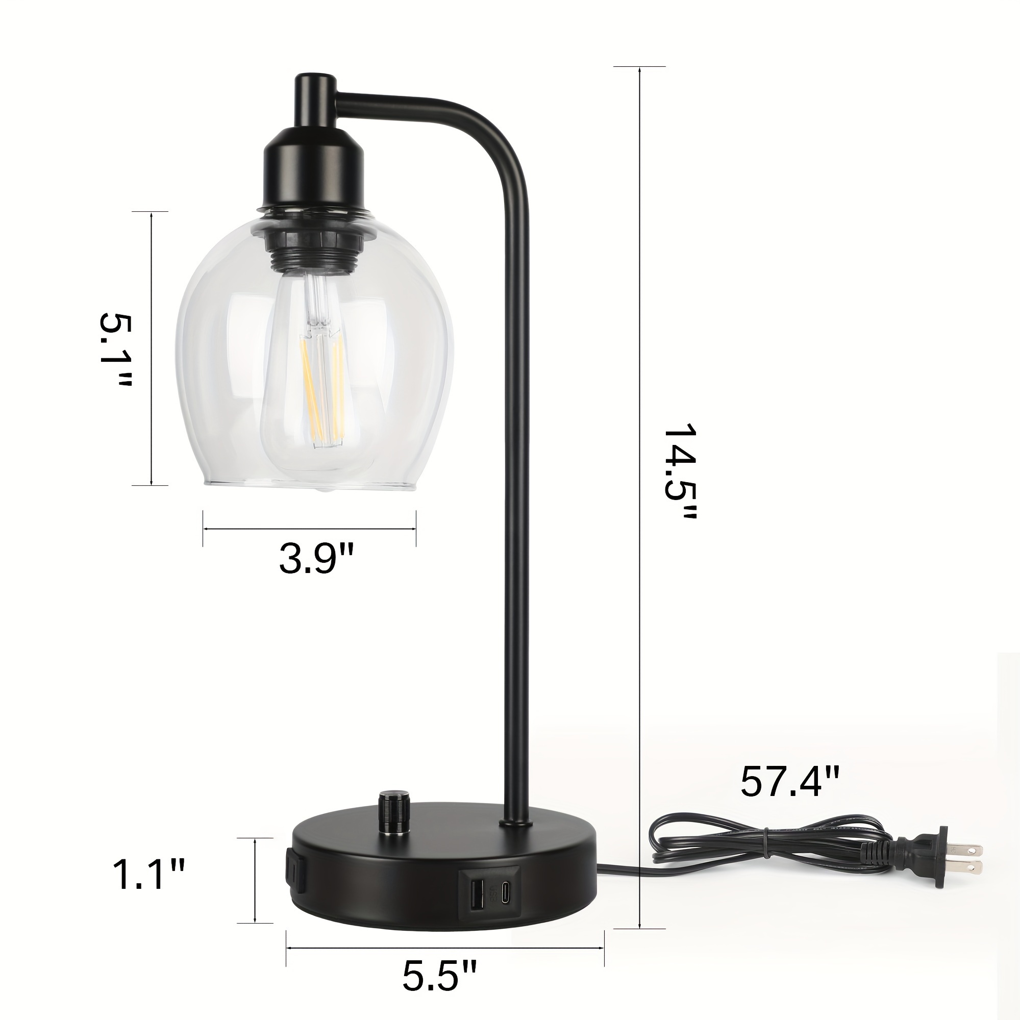 hemispherical glass cover knob dimming desk lamp standard knob dimming with usb type c charging port with dimmable e26 bulb details 2