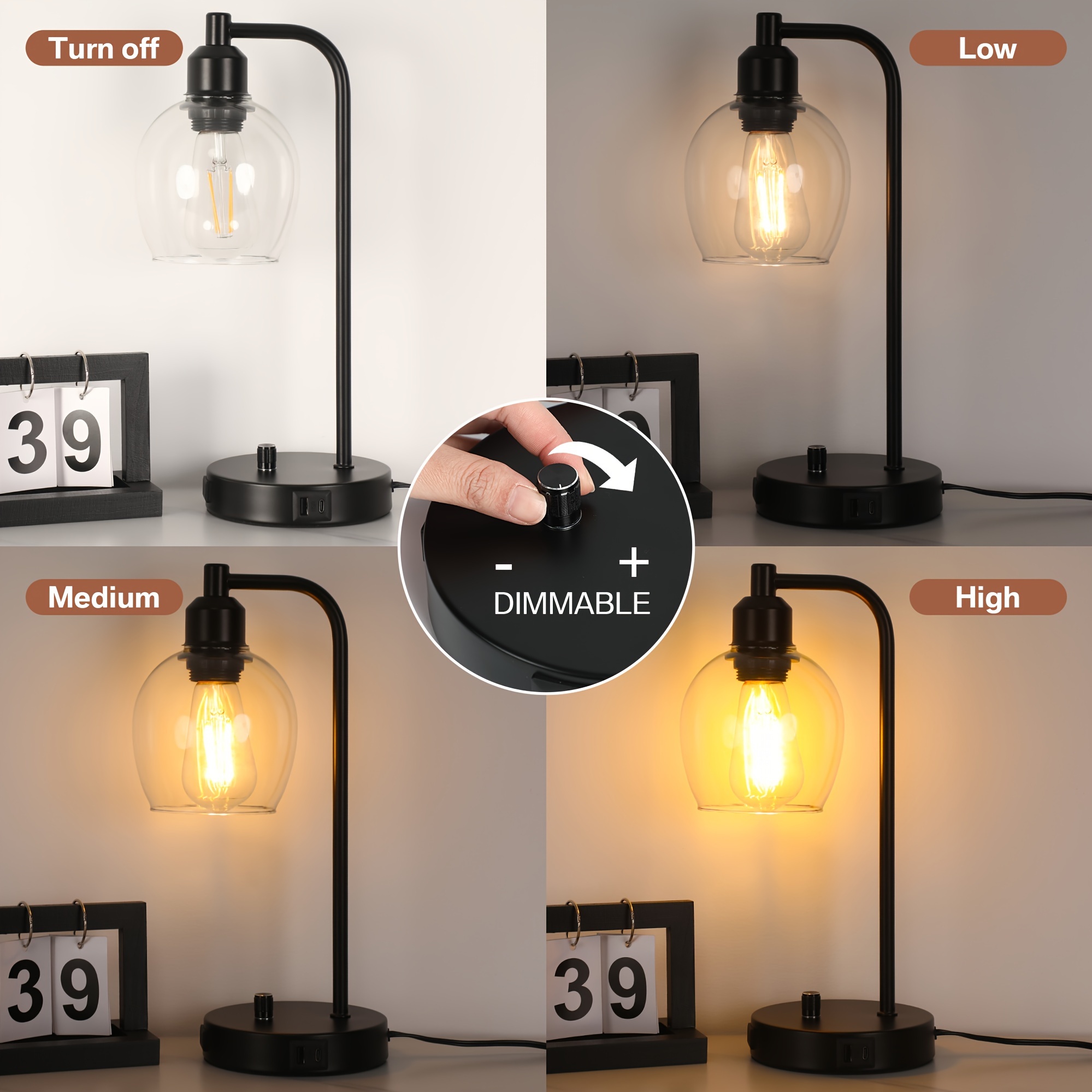 hemispherical glass cover knob dimming desk lamp standard knob dimming with usb type c charging port with dimmable e26 bulb details 5