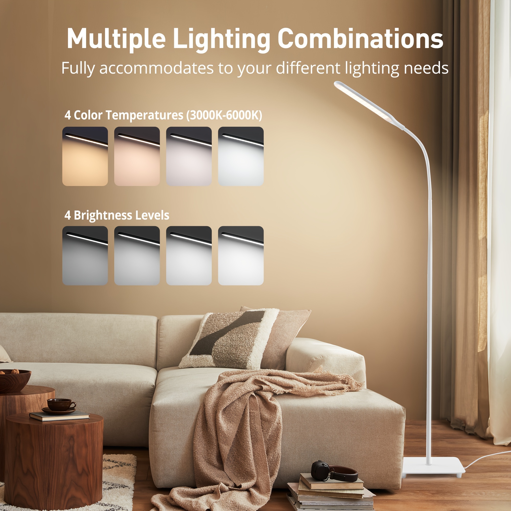 adjustable led floor lamp dimmable modern with 4 brightness levels 4 colors adjustable gooseneck for reading bedroom office living room piano white sp dl023 details 8