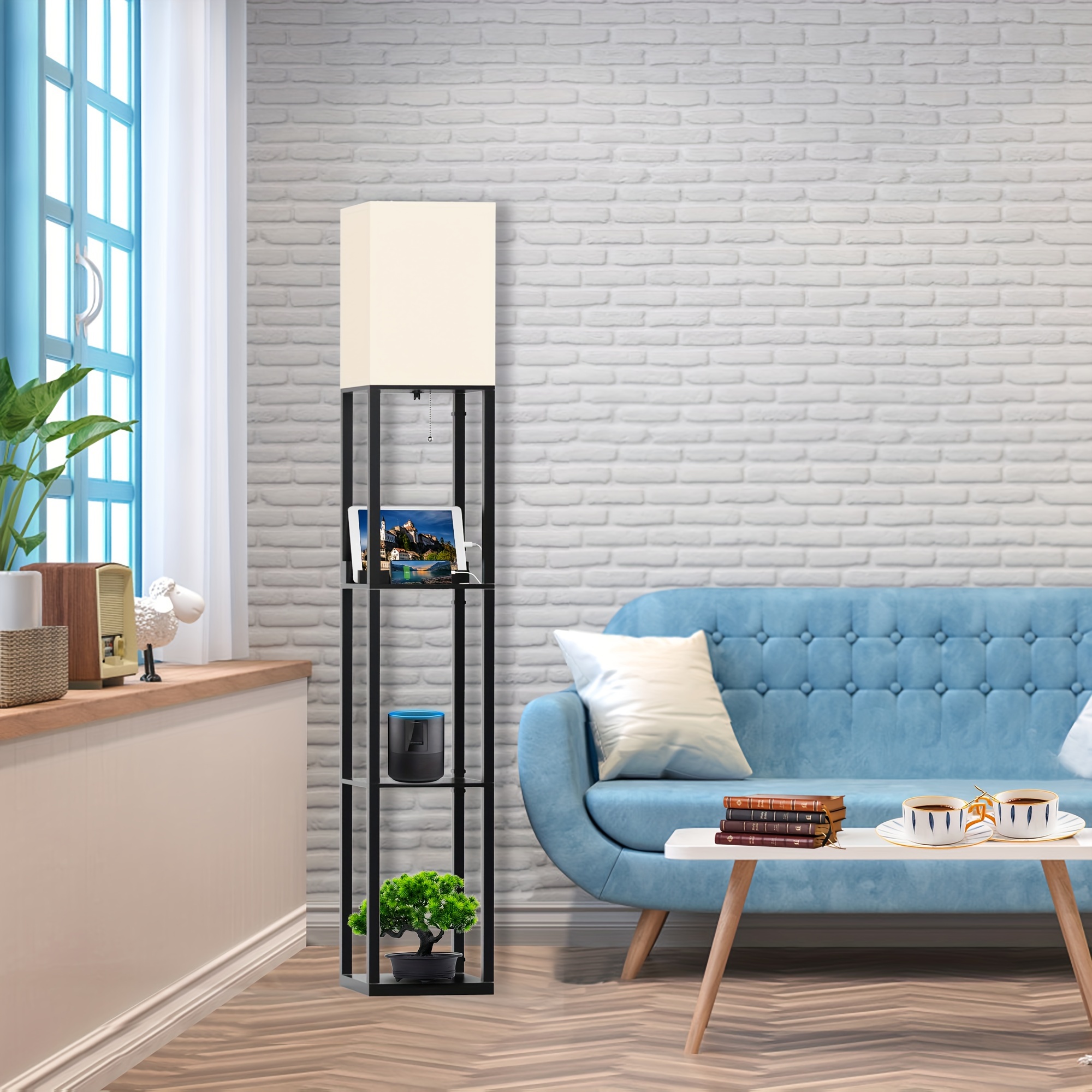 shelf floor lamp in a usb port a type c port a power outlet and a bulb details 1