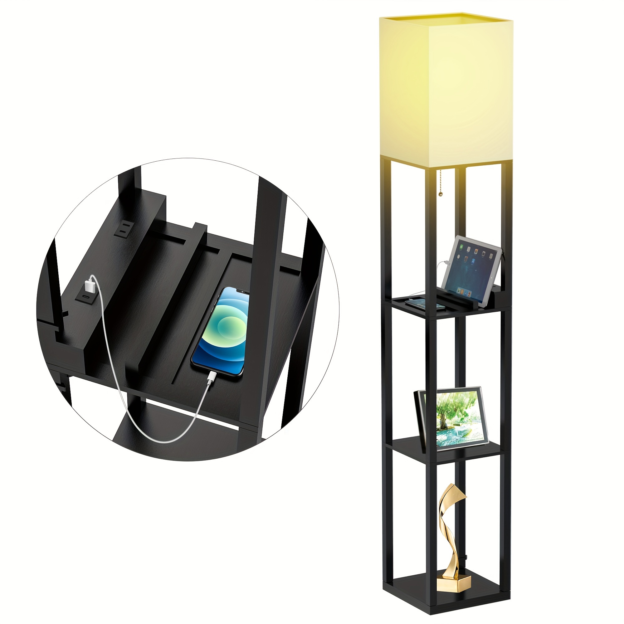 shelf floor lamp in a usb port a type c port a power outlet and a bulb details 5