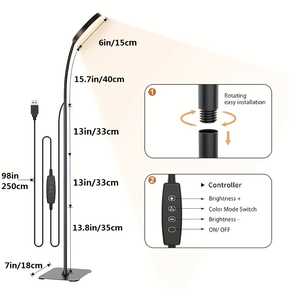 adjustable led floor lamp with dimmable brightness 3 color modes 3000k 6000k 10 levels metal stand for living room office bedroom usb powered black details 2
