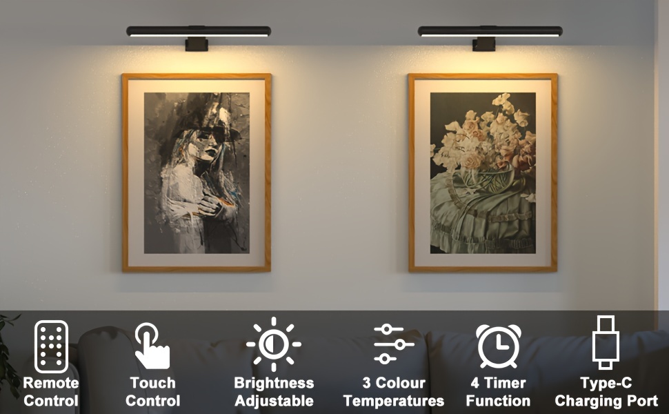 12 6 inch led picture light with remote control 4400mah battery powered magnetic art light dimmable timer 300lm modern matte finish semi flush mount with sticker screw installation for board portraits gallery rechargeable lithium battery details 3