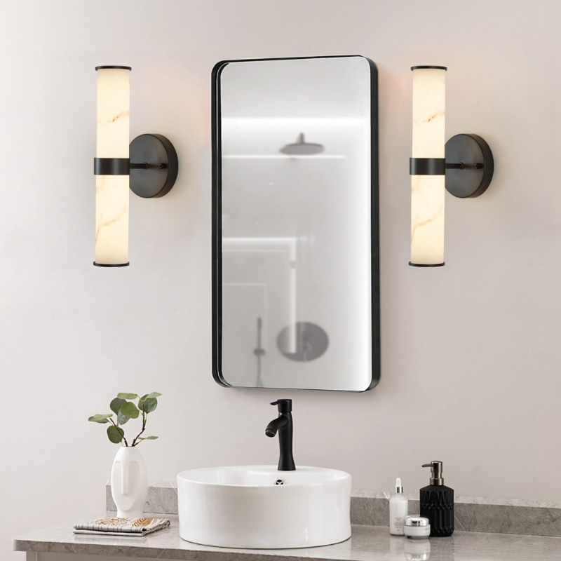 resin imitation marble texture wall light with black iron metal frame set of 2 fixtures for hallways bathrooms and bedrooms only indoor details 1
